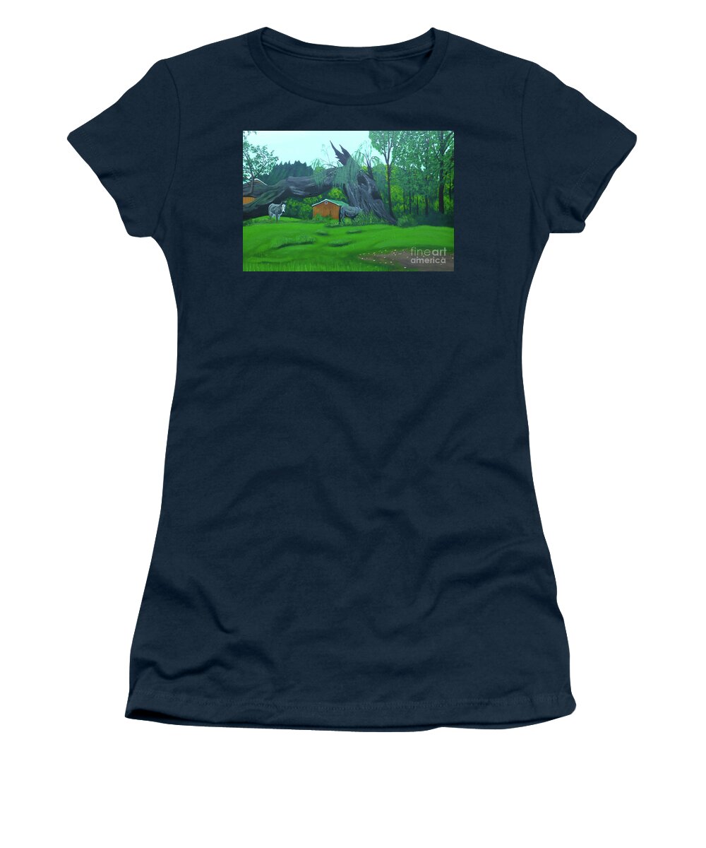 Landscape Paintings Women's T-Shirt featuring the painting The Watcher and the Willow by Robert Coppen