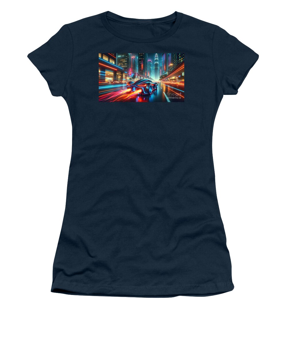 Futuristic Women's T-Shirt featuring the digital art This image portrays a futuristic sports car with flaming exhausts speeding through a vibrant by Odon Czintos