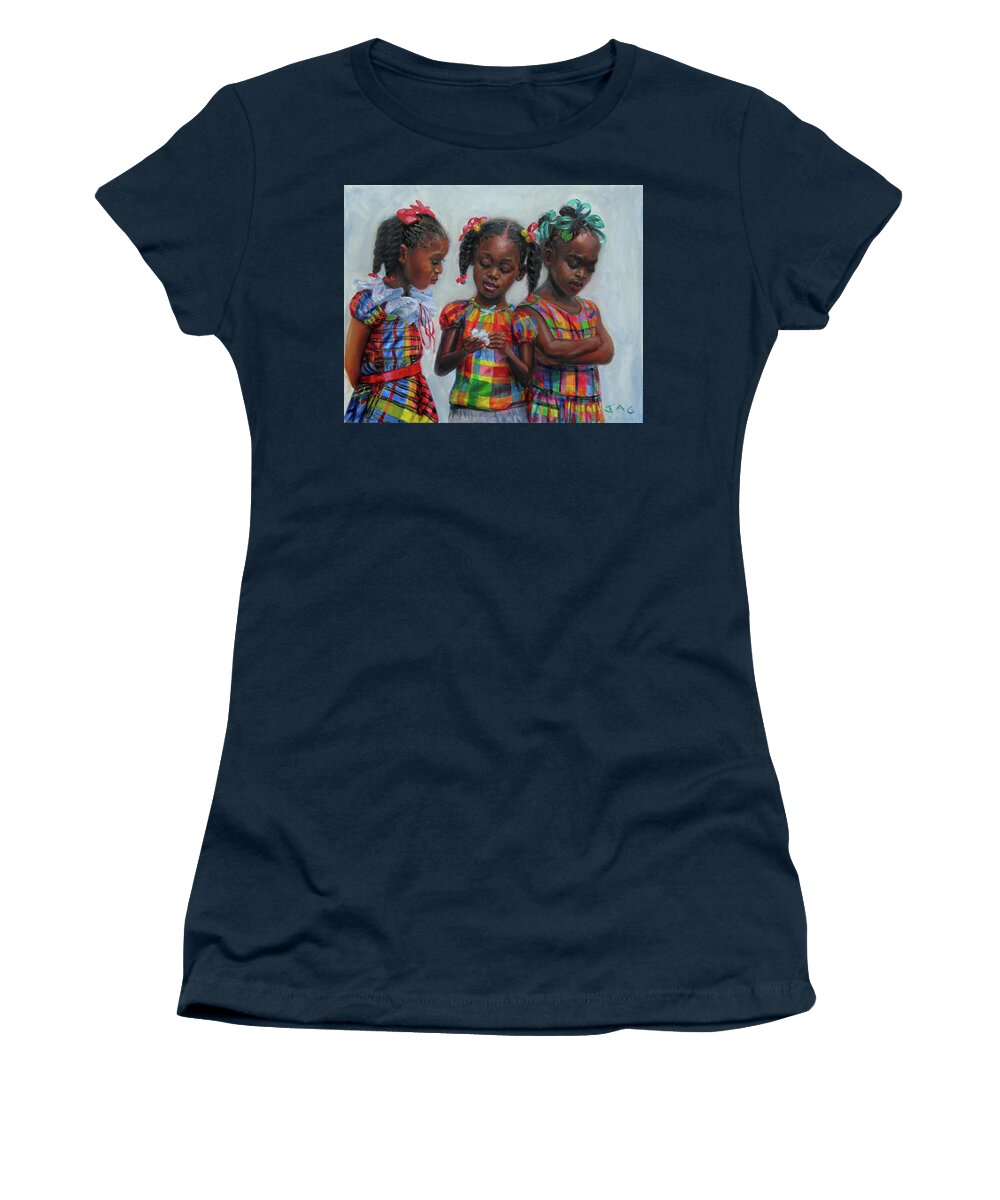  Women's T-Shirt featuring the painting Three Girls by Jonathan Guy-Gladding JAG
