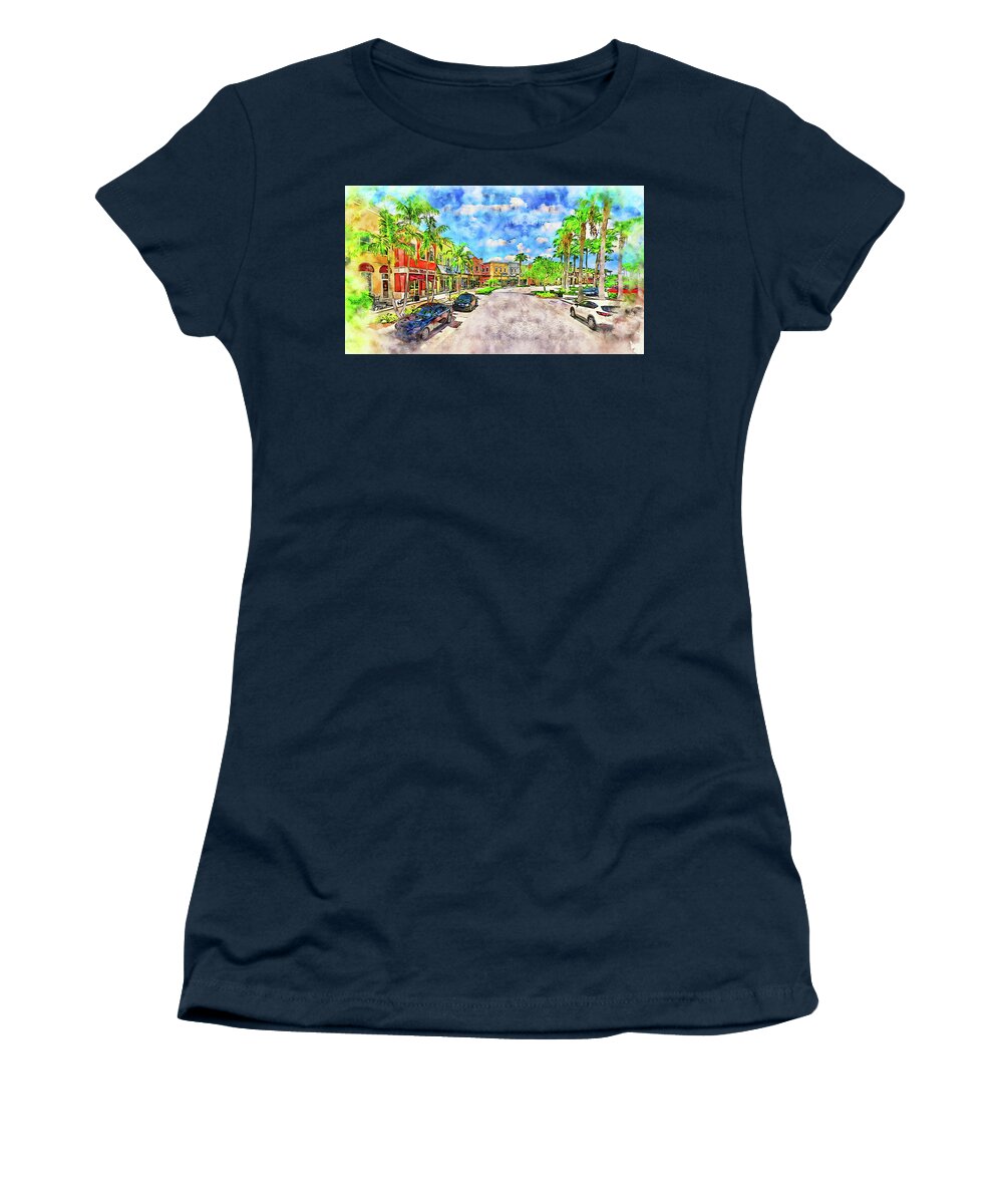 Tradition Square Women's T-Shirt featuring the digital art Tradition Square in Port St. Lucie, Florida - pen and watercolor by Nicko Prints