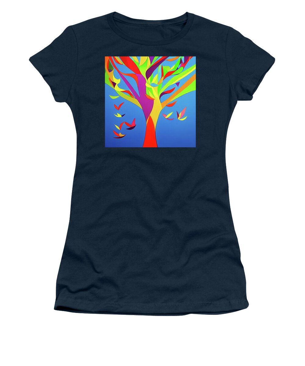 Tree Women's T-Shirt featuring the digital art Tree and Birds Colorful Abstract 01 by Matthias Hauser