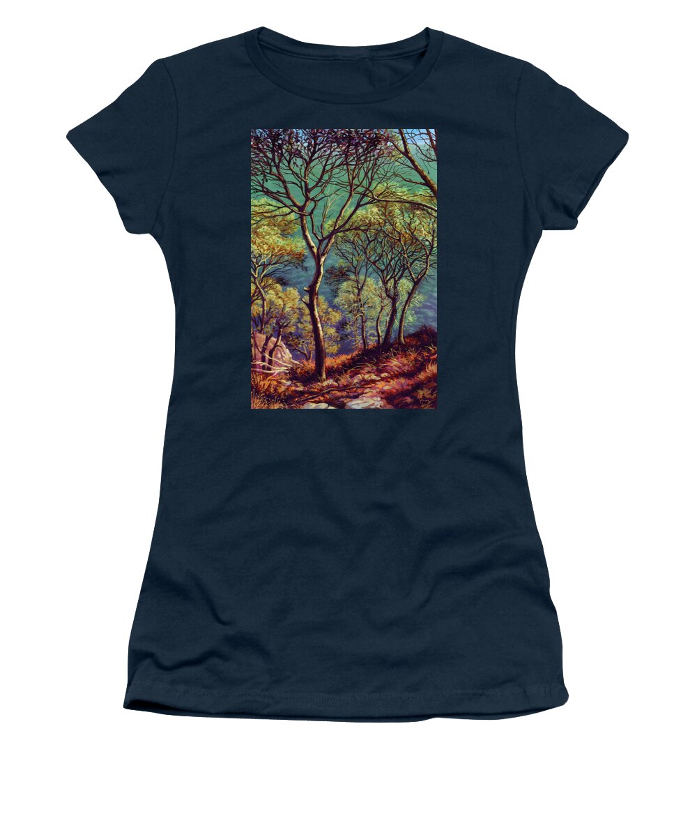 Shore Women's T-Shirt featuring the painting Trees by the Sea by Hans Neuhart