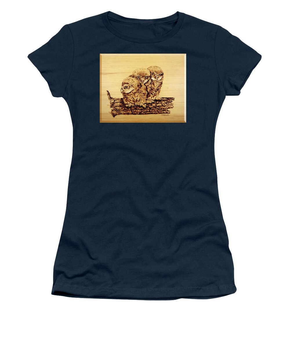 Owl Women's T-Shirt featuring the pyrography Tres Amigos by Ron Haist