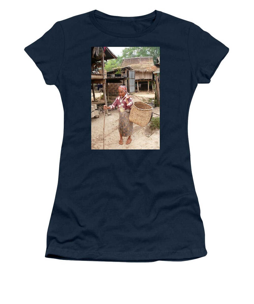 Tribal Woman Women's T-Shirt featuring the photograph Tribal woman with the basket by Robert Bociaga