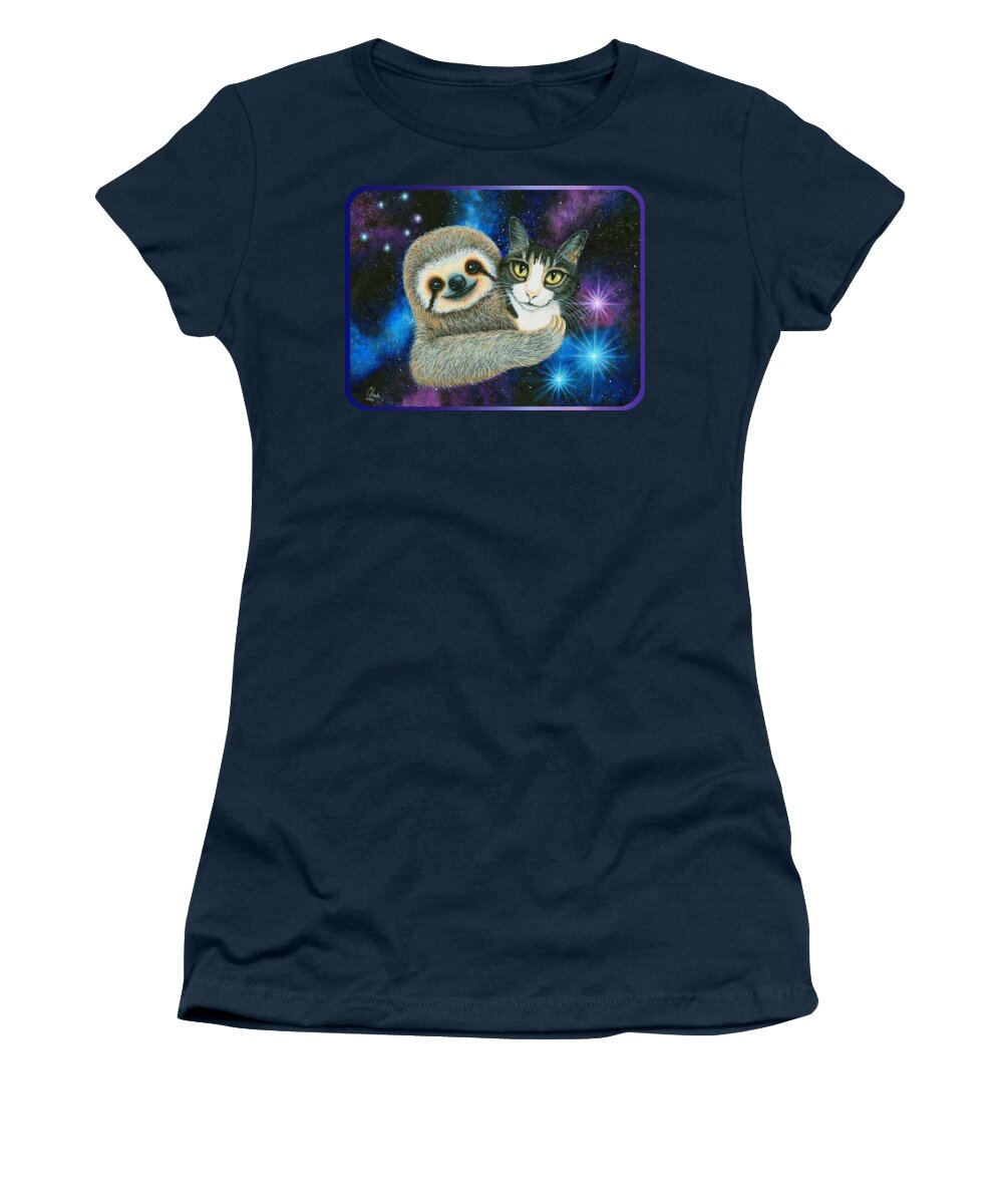 Tabby Cat Women's T-Shirt featuring the painting Trixie and Her Sloth Friend - Tabby Cat Galaxy by Carrie Hawks