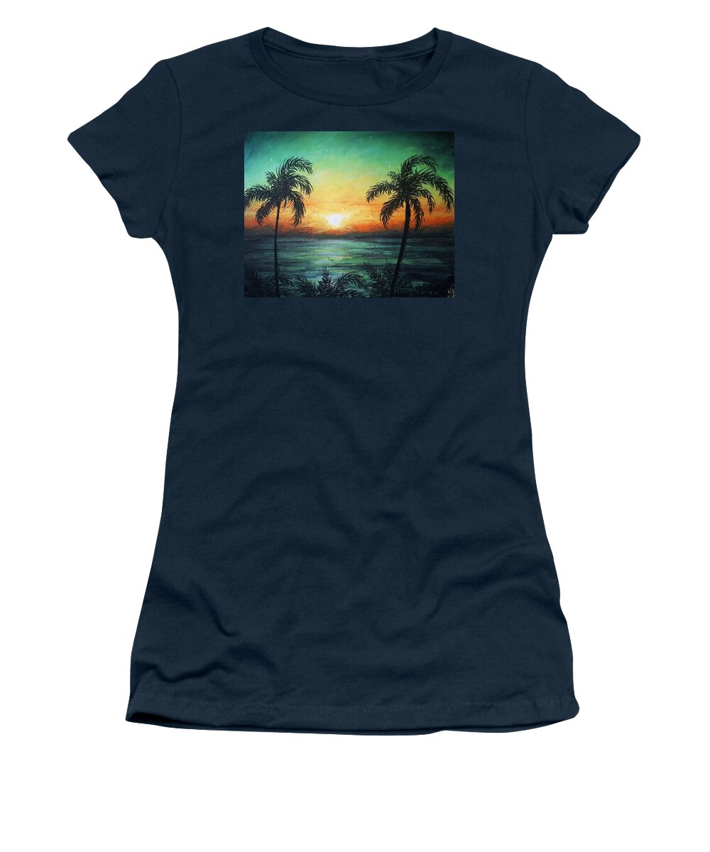 Aqua Sunset Women's T-Shirt featuring the painting Tropicana Banana by Jen Shearer