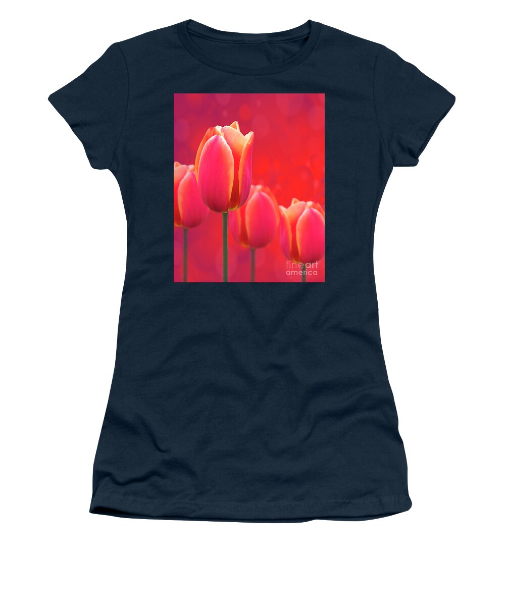 Art; Bloom; Blossom; Design; Floral; Flowers; Fresh; Nature; Orange; Petals; Red; Spring; Texture; Tulip; Tulips Women's T-Shirt featuring the photograph Tulips on Fire by Juli Scalzi