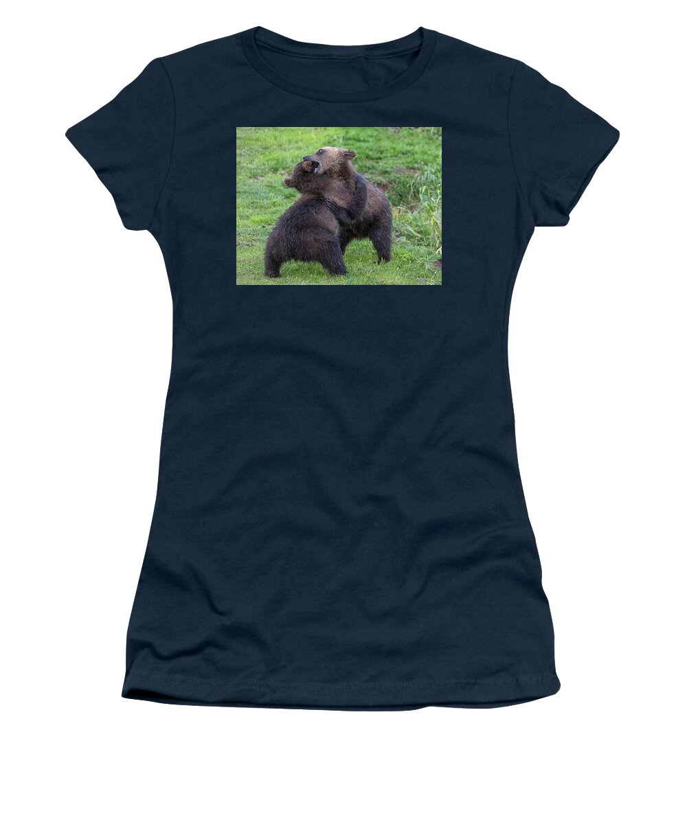 Bear Women's T-Shirt featuring the photograph Two brown bear cubs playing by Mikhail Kokhanchikov