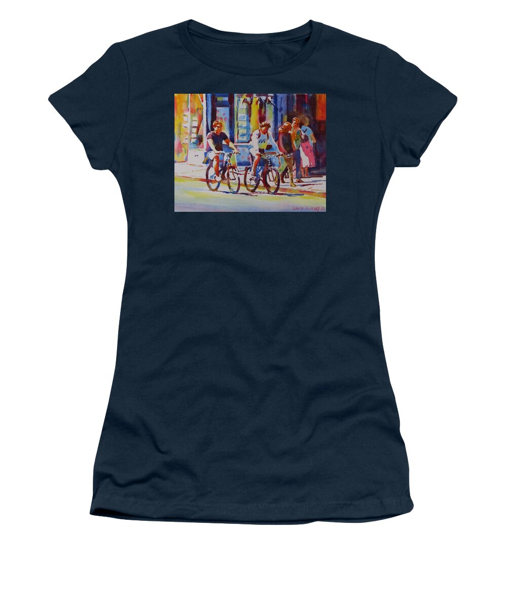 Oxford Women's T-Shirt featuring the painting Two Go Cycling-G.Berry #89 by David Gilmore