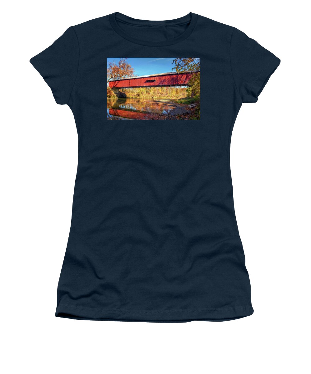 Parke County Women's T-Shirt featuring the photograph Under Cox Ford Bridge in Autumn by Susan Rissi Tregoning