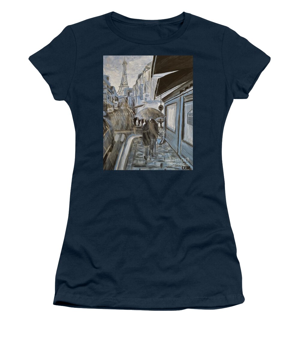 Paris Women's T-Shirt featuring the painting Under min paraply skal jeg holde rundt deg by C E Dill