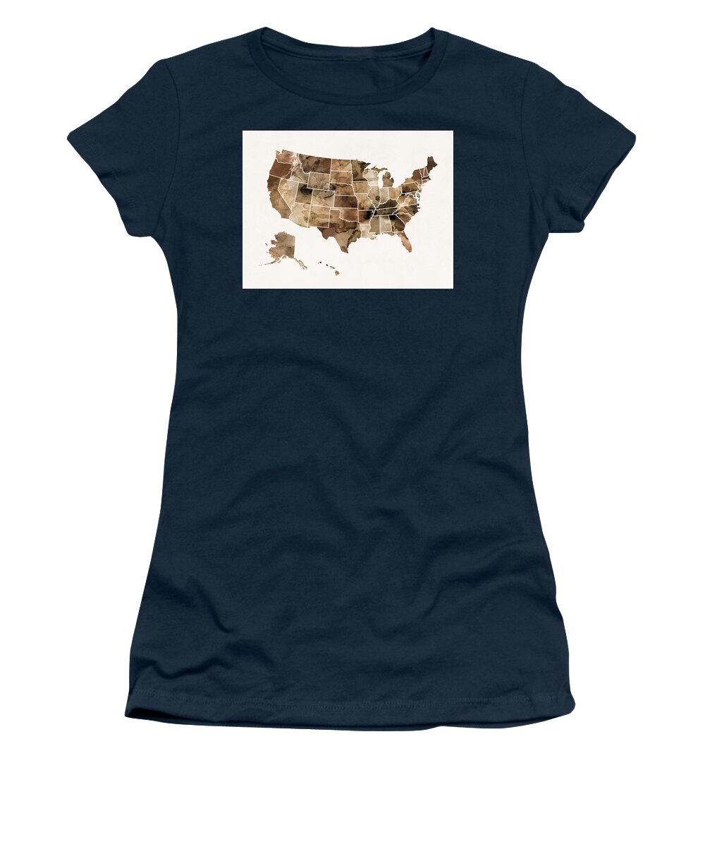 United States Map Women's T-Shirt featuring the digital art United States Watercolor Map Sepia v2 by Michael Tompsett