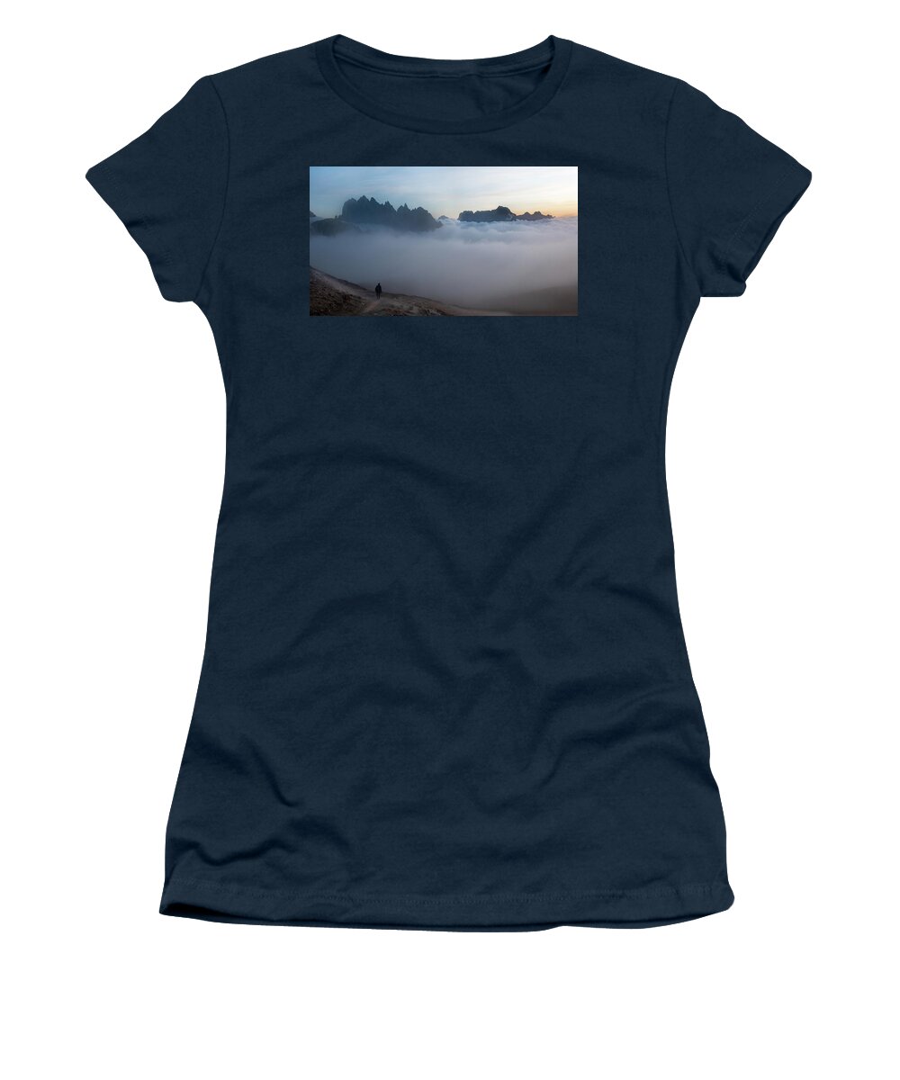 Italian Alps Women's T-Shirt featuring the photograph Unrecognized man trekking at the hiking path at Tre Cime in South Tyrol in Italy. by Michalakis Ppalis