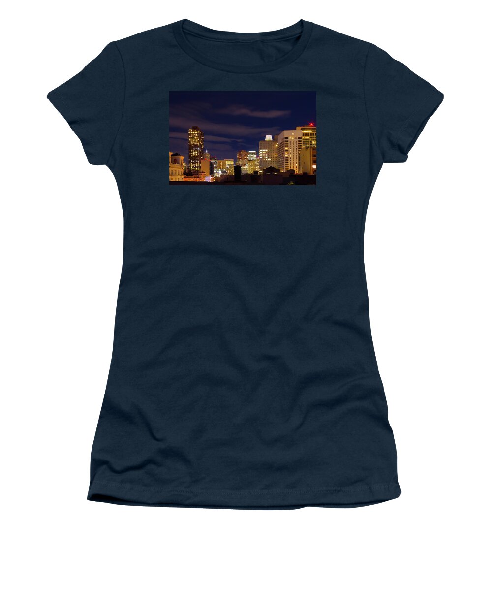 City View Women's T-Shirt featuring the photograph Up On the Roof at Night by Bonnie Follett