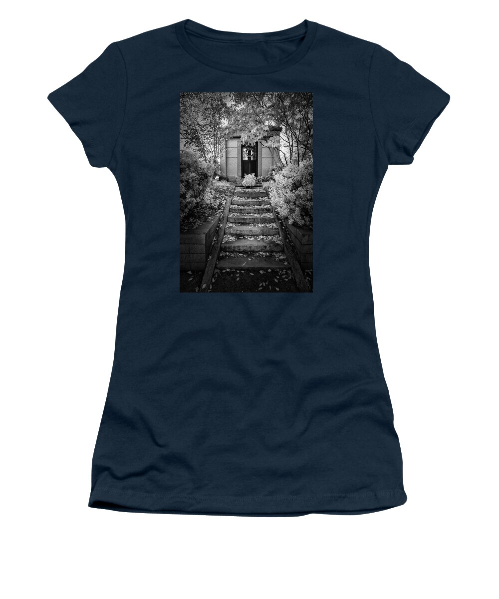 Autumn Women's T-Shirt featuring the photograph Up the Autumn Staircase bw by Dan Carmichael
