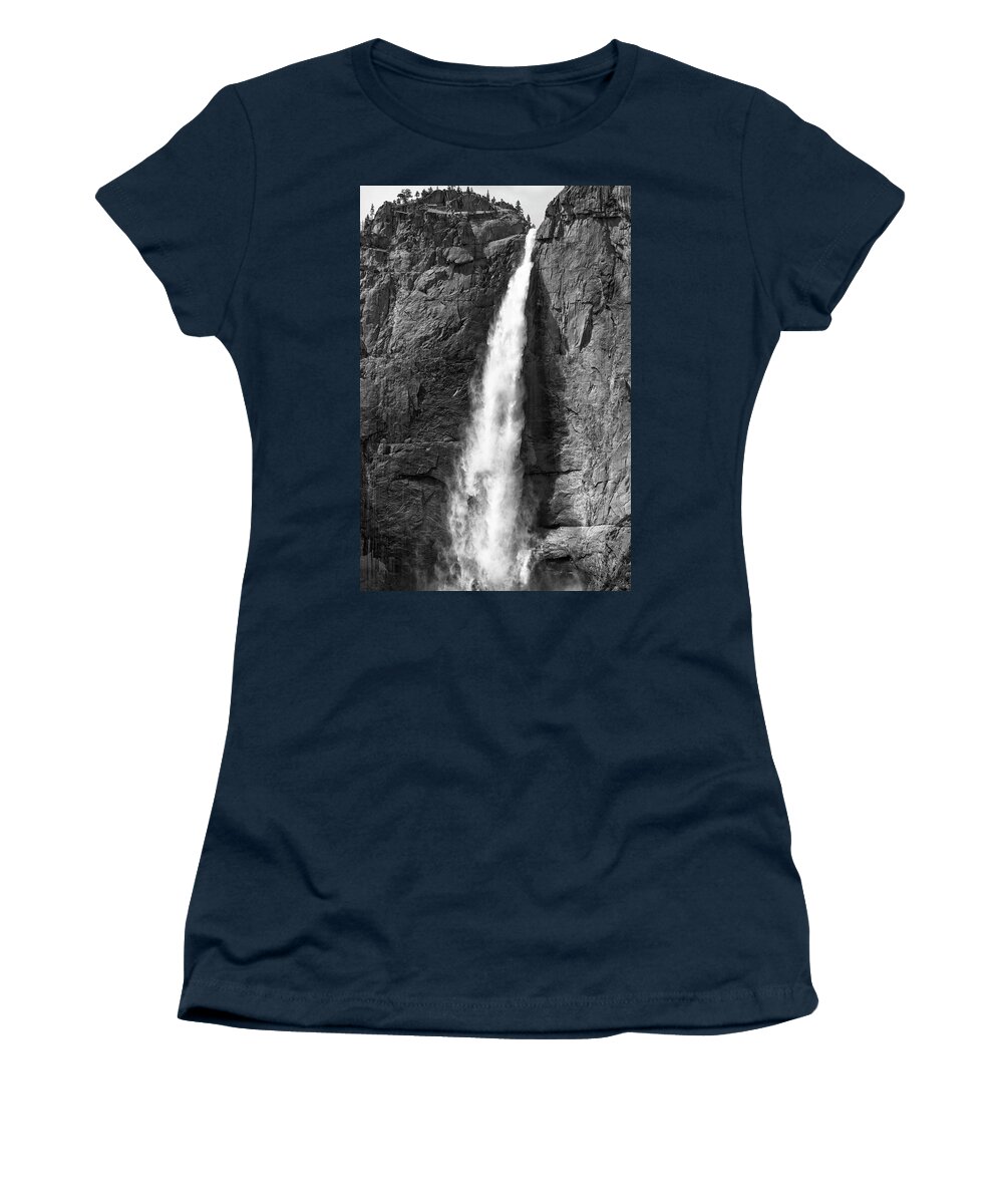 Yosemite Valley Women's T-Shirt featuring the photograph Upper Yosemite Falls Monochrome A Close Up by Joseph S Giacalone