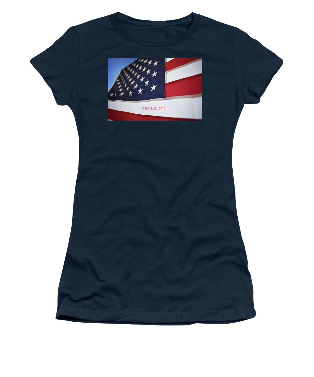 Us Flag Women's T-Shirt featuring the photograph US Flag Trump 2024 text by Laura Fasulo
