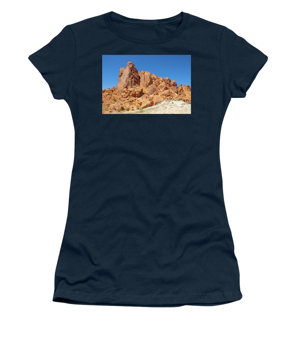 Valley Of Fire Nevada Blue Sky Vegetation Red Rock 2 2 3142020 0256 Women's T-Shirt featuring the photograph valley of fire Nevada blue sky vegetation red rock 2 2 3142020 0256 by David Frederick