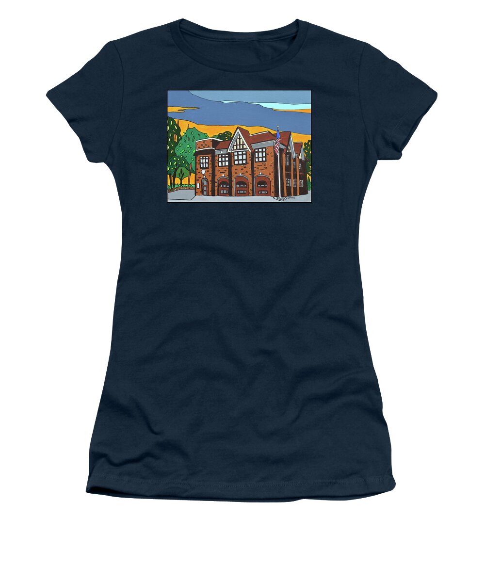 Valley Stream Fire Department Rockaway Ave. Women's T-Shirt featuring the painting Valley Stream Fire House by Mike Stanko