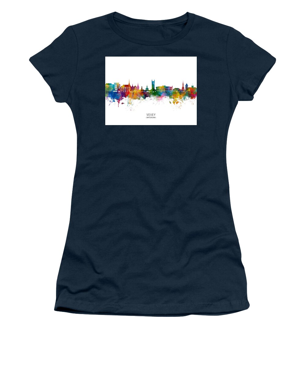 Vevey Women's T-Shirt featuring the digital art Vevey Switzerland Skyline #19 by Michael Tompsett