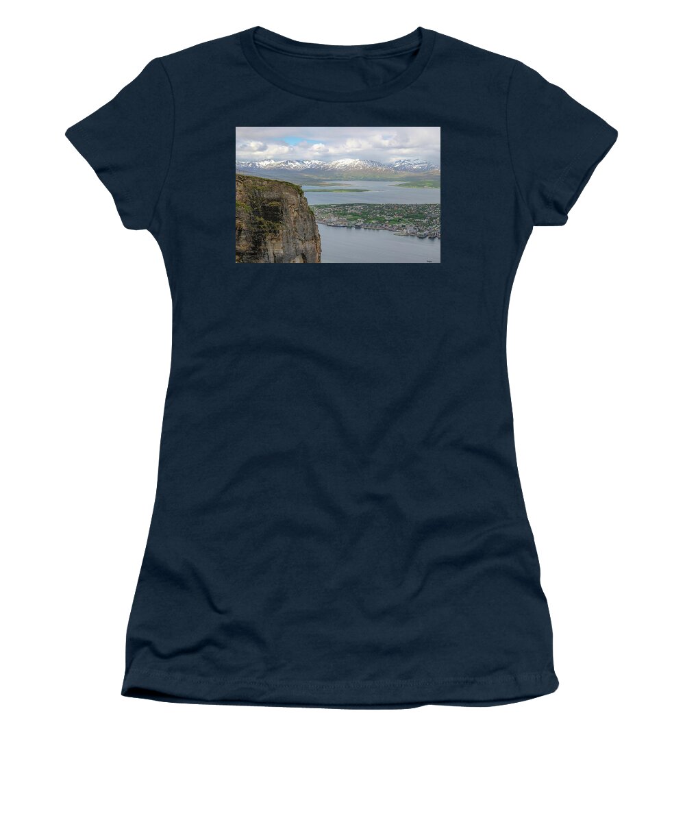 Clouds Women's T-Shirt featuring the photograph View over Tromso, Norway by Matthew DeGrushe