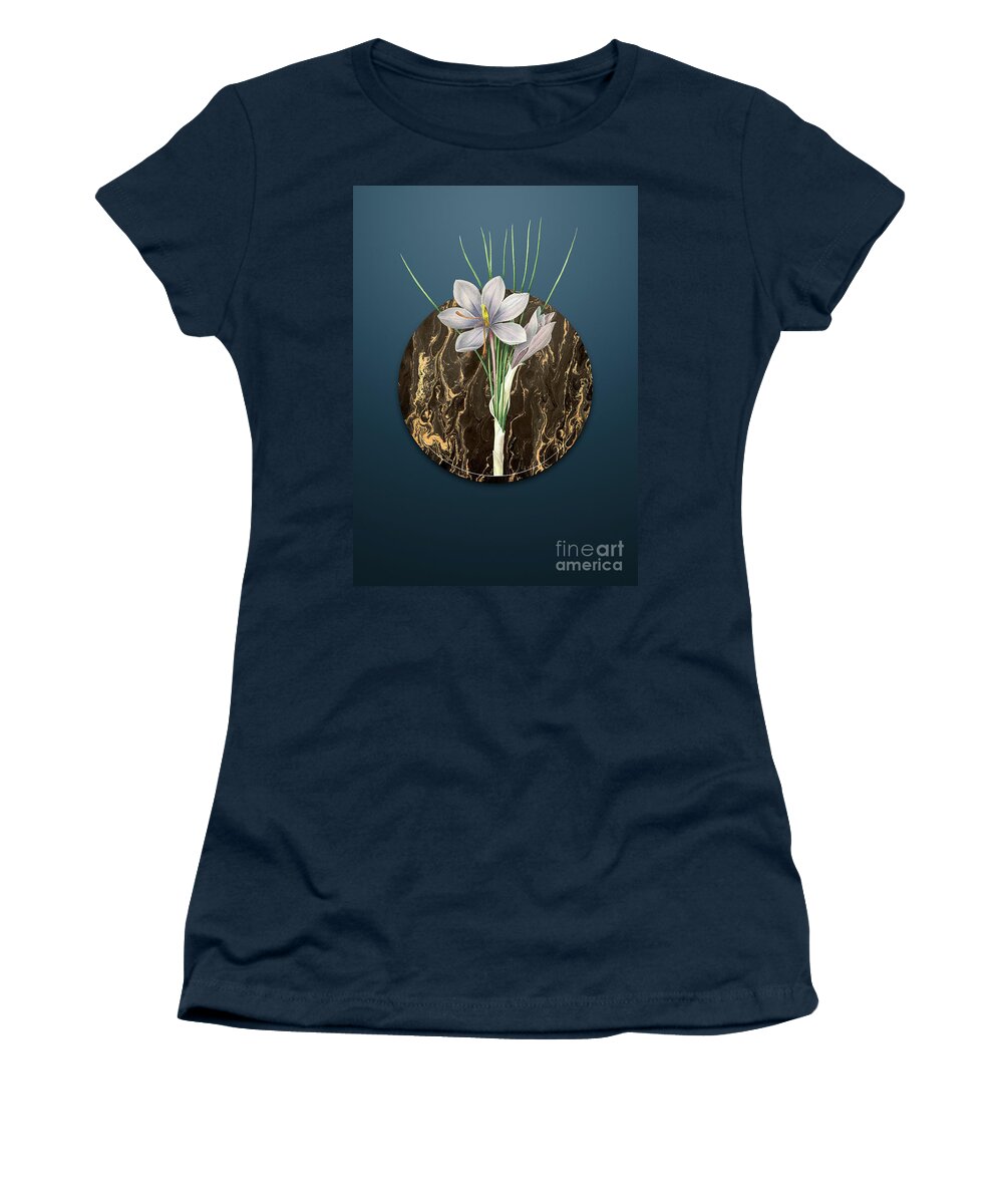 Vintage Women's T-Shirt featuring the painting Vintage Autumn Crocus Art in Gilded Marble on Dusk Blue by Holy Rock Design