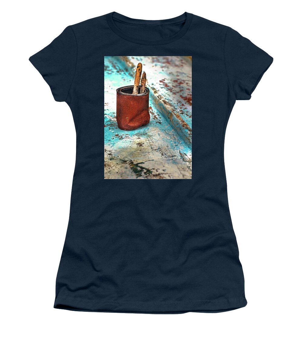 Rowboat Women's T-Shirt featuring the photograph Rusted Paint Can On the Hull of a Wooden Rowboat by Cordia Murphy