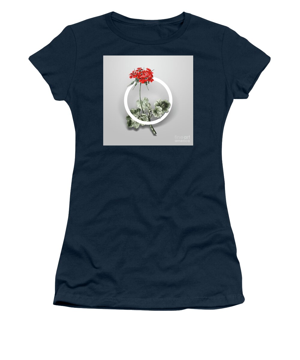 Vintage Women's T-Shirt featuring the painting Vintage Scarlet Geranium Minimalist Floral Geometric Circle Art N.665 by Holy Rock Design