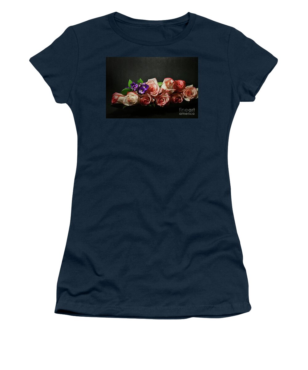 Floral Design Women's T-Shirt featuring the photograph Violets and Pink Roses by Diana Mary Sharpton