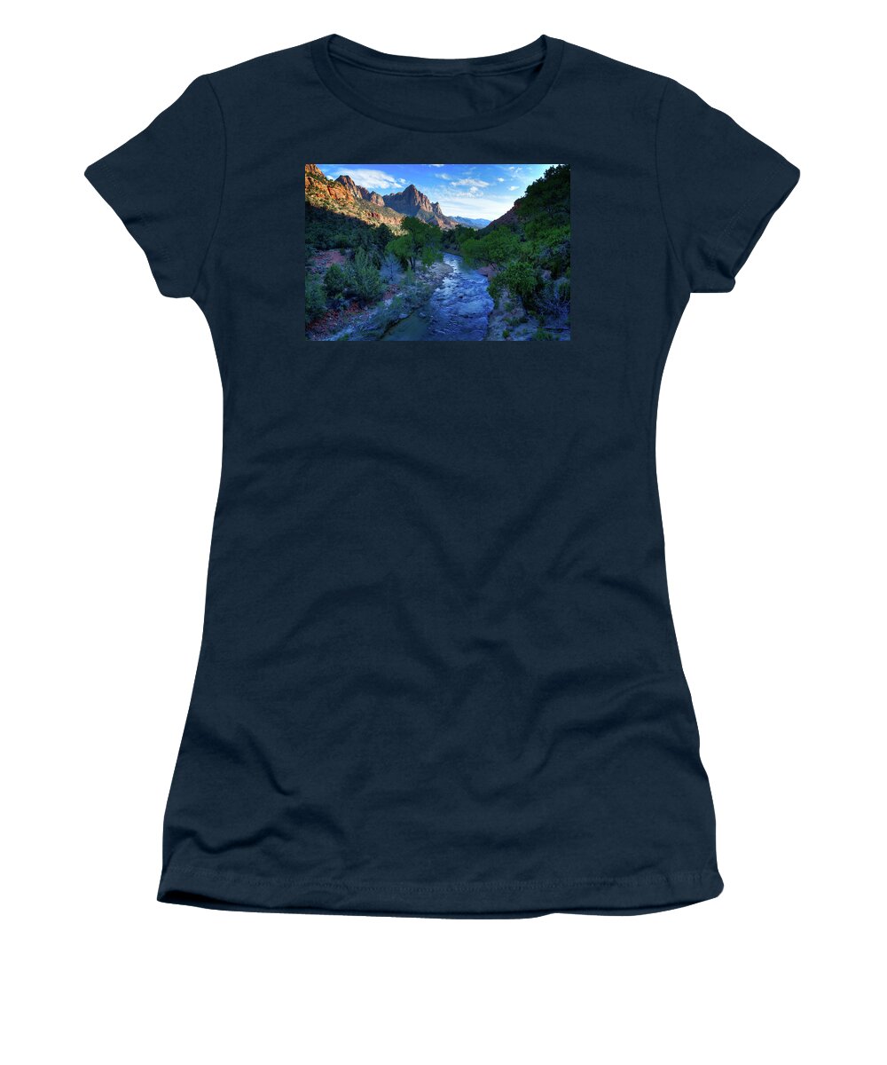 The Watchman Women's T-Shirt featuring the photograph Virgin River from Bridge by Jack and Darnell Est