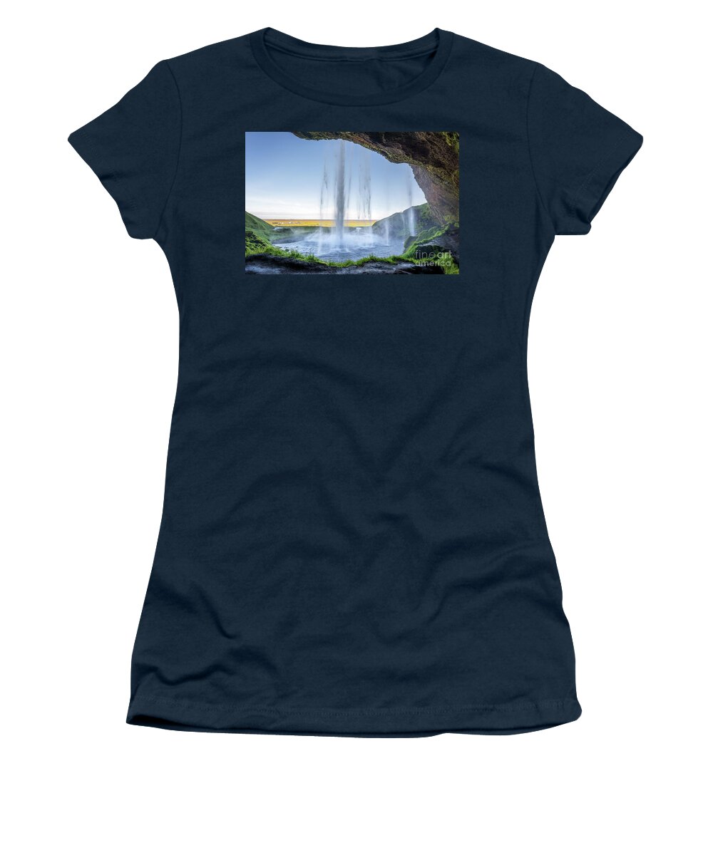 Iceland Women's T-Shirt featuring the photograph Walking behind Seljalandsfoss waterfall, Iceland by Delphimages Photo Creations