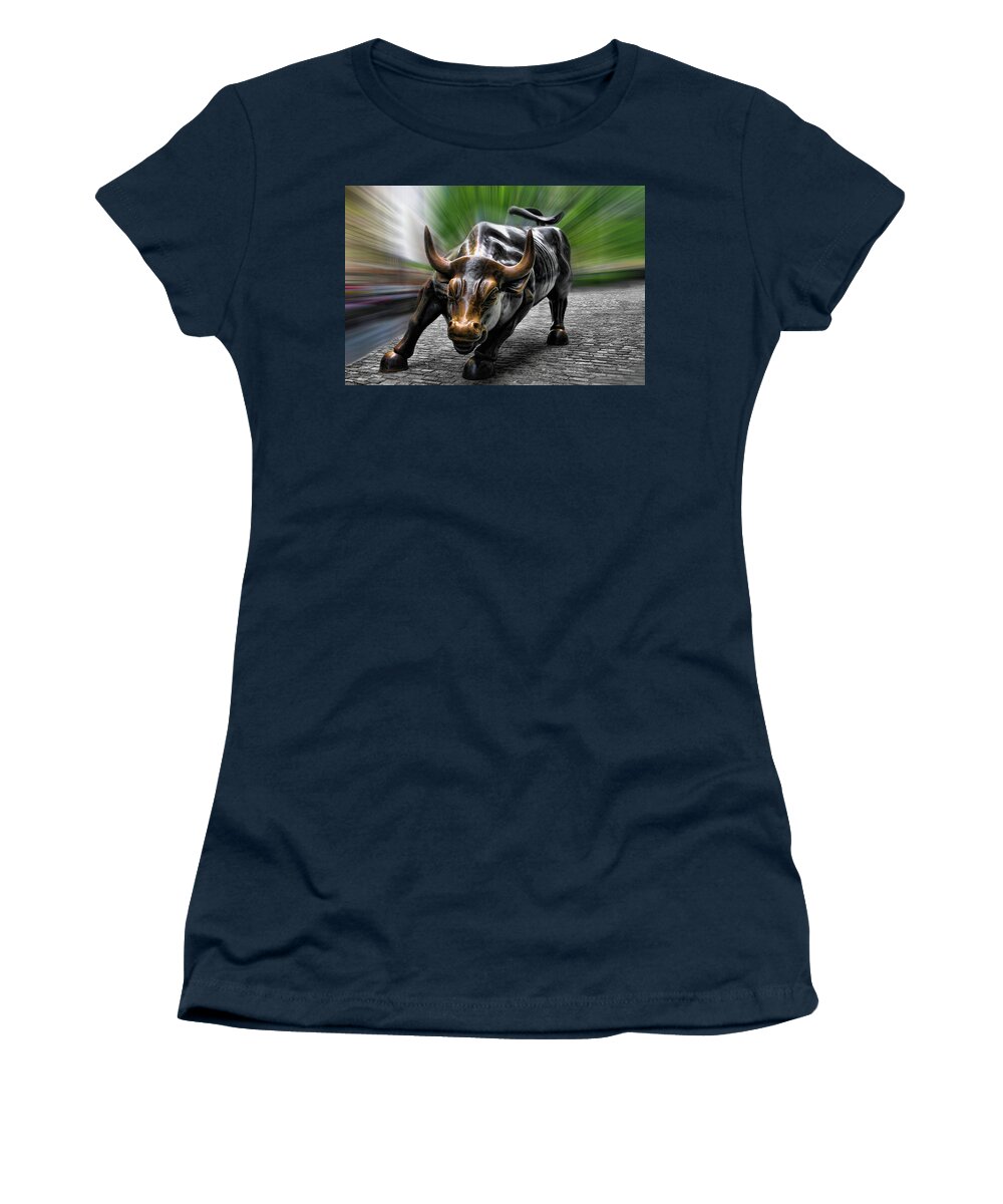 Wall Street Bull Women's T-Shirt featuring the photograph Wall Street Bull by Wes and Dotty Weber