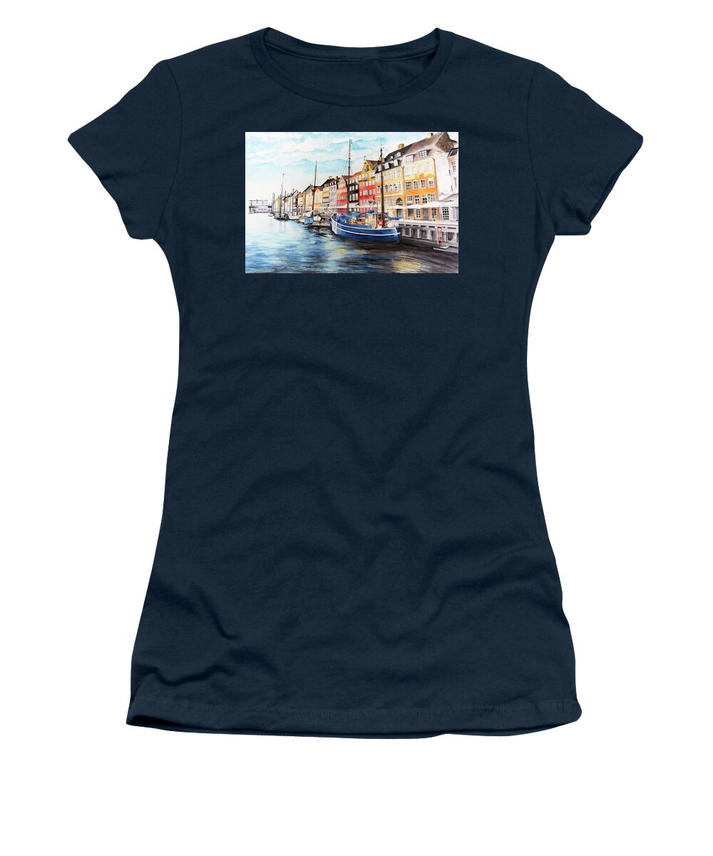 Water Women's T-Shirt featuring the painting Copenhagen Waterfront by Katrina Nixon