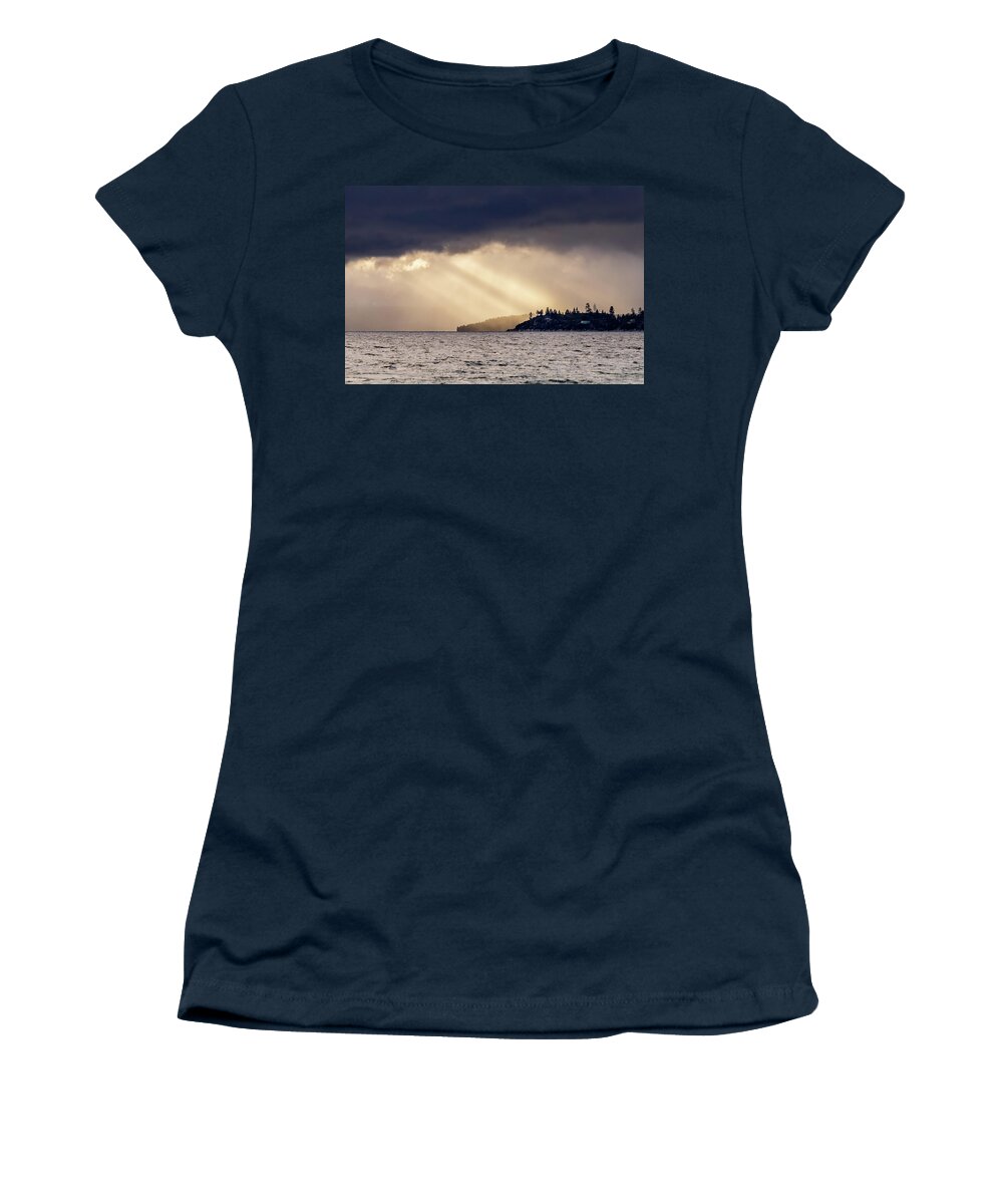#tahoe #lake #laketahoe #nevada #california #snow #white #trees #dog Women's T-Shirt featuring the photograph Water, Land and Sky by Martin Gollery