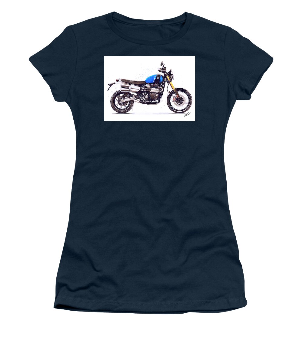 Motorcycle Women's T-Shirt featuring the painting Watercolor Triumph Scrambler 1200XE motorcycle - oryginal artwork by Vart. by Vart