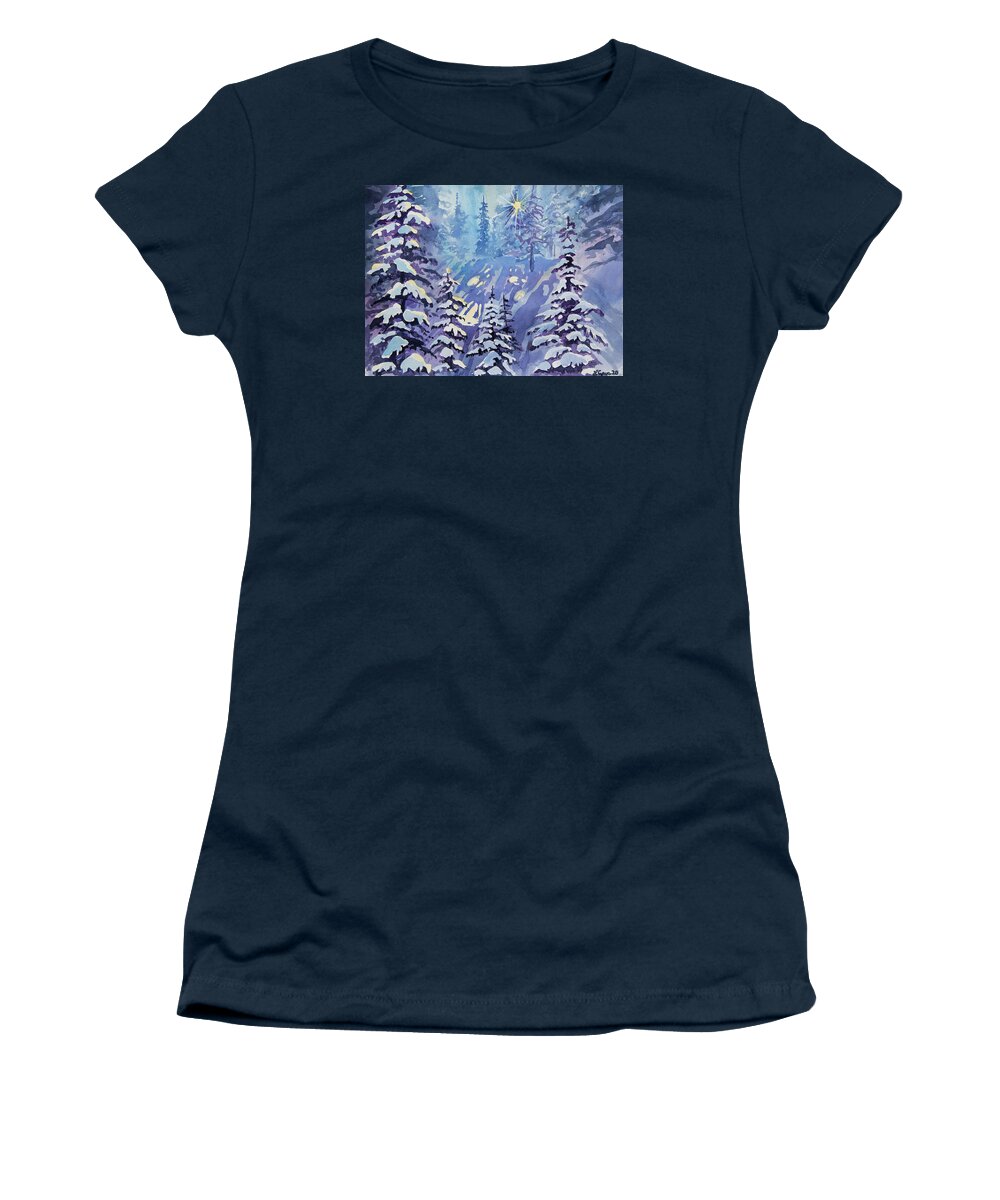 Winter Women's T-Shirt featuring the painting Watercolor - Winter Snowy Forest with Sunburst by Cascade Colors