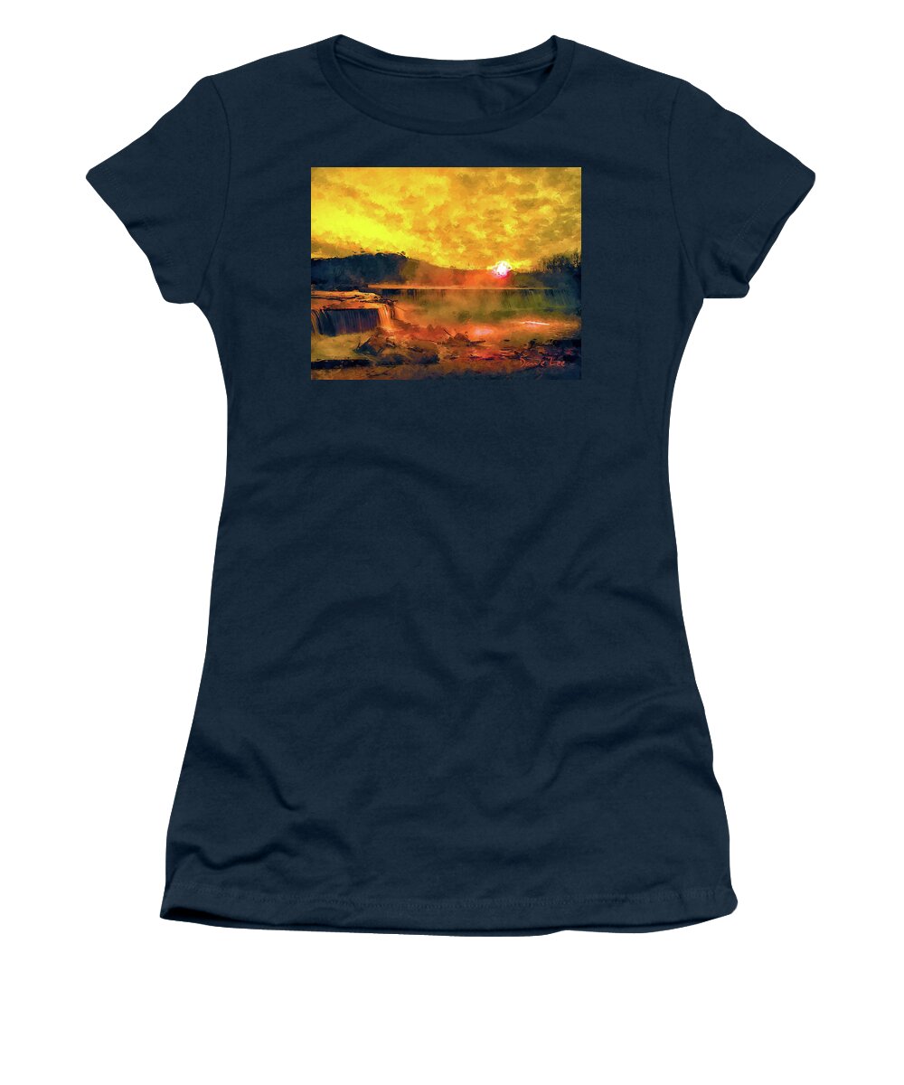 Waterfall Women's T-Shirt featuring the digital art Waterfall Sunrise by Dave Lee