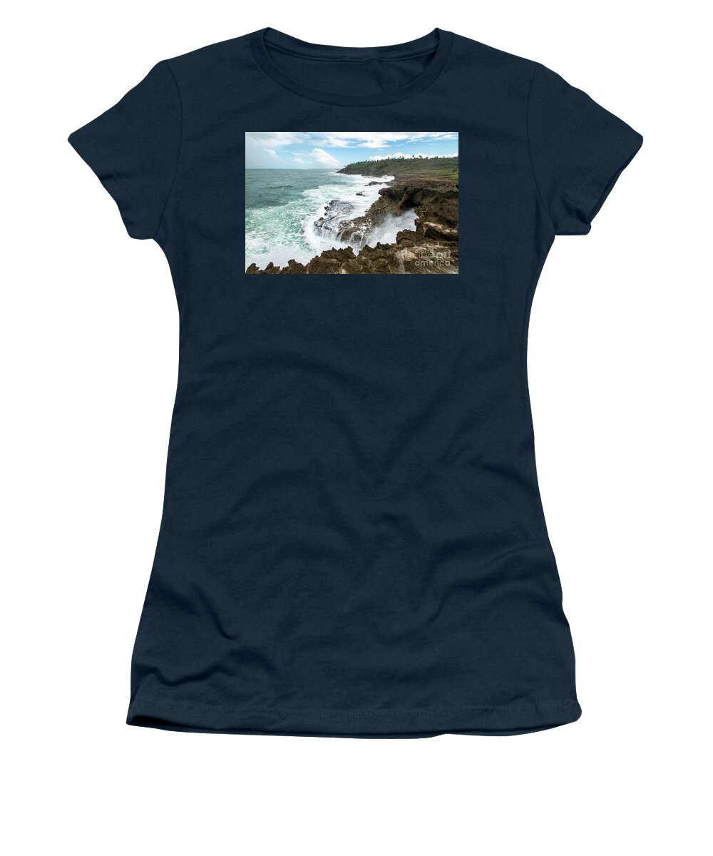 Parque Women's T-Shirt featuring the photograph Waterfall Waves at Parque nacional Cerro Gordo, Puerto Rico by Beachtown Views