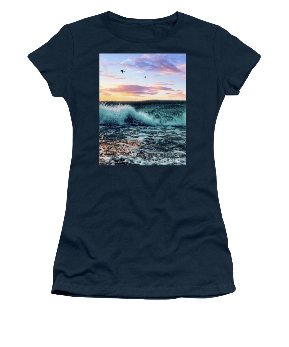 Seagulls Women's T-Shirt featuring the digital art Waves Crashing At Sunset by Phil Perkins