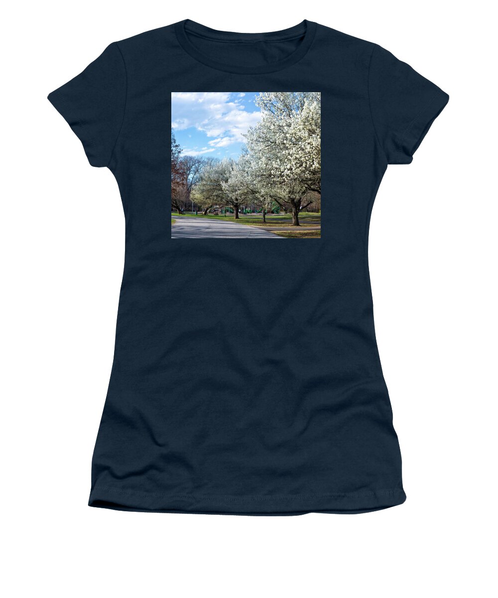 Park Women's T-Shirt featuring the photograph White Blossoms Blend Into The Clouds Pano by Brian Wallace