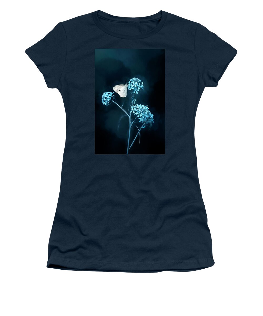 Flower Women's T-Shirt featuring the photograph White Butterfly on Blue Flower by Deborah Penland