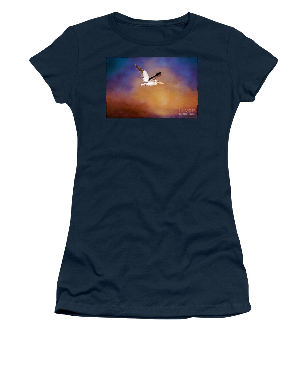  White Pelican Women's T-Shirt featuring the digital art White Pelican at Sunset by Judi Bagwell