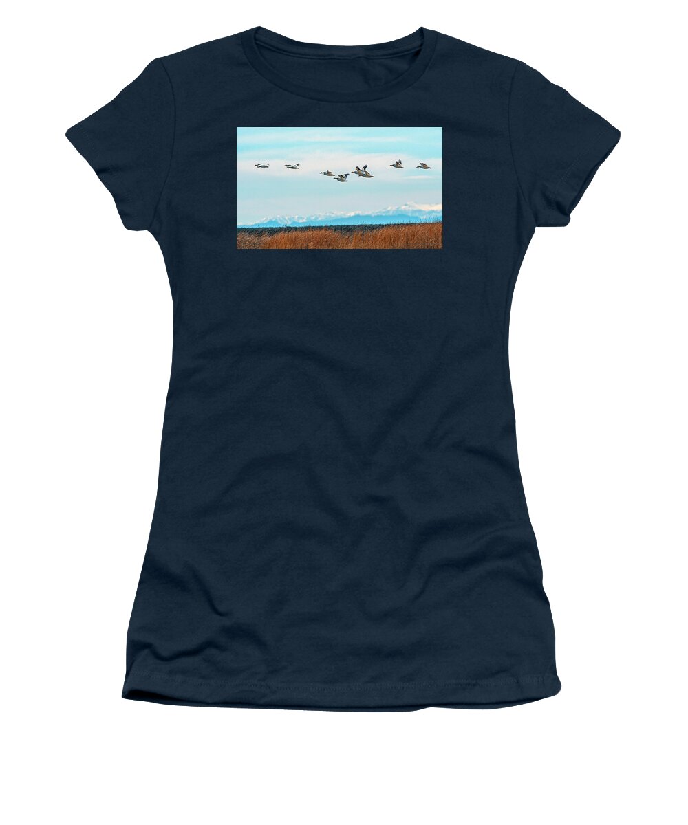 Pelican Women's T-Shirt featuring the photograph White Pelicans in flight by Rick Mosher