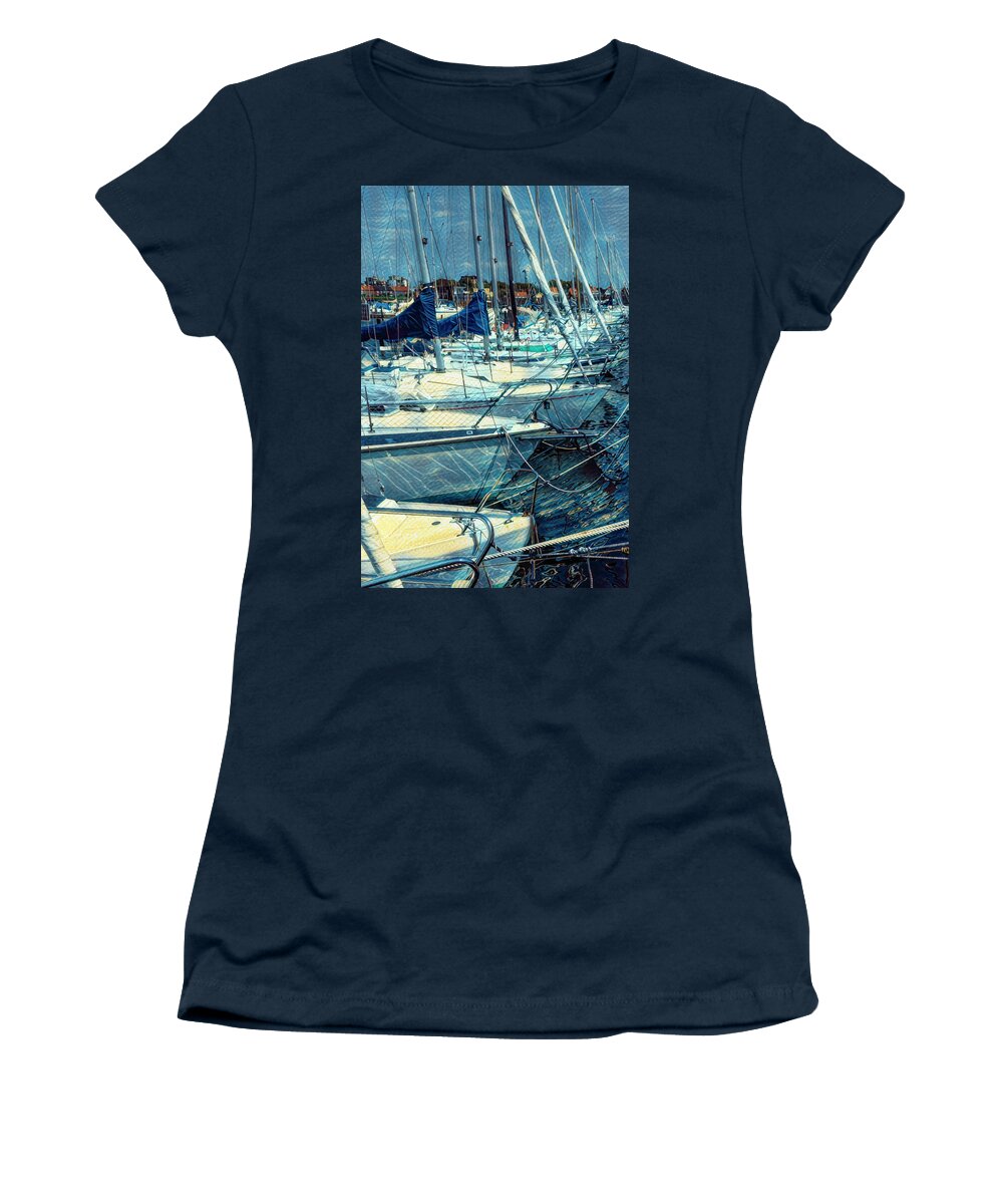 Boats Women's T-Shirt featuring the photograph White Sailboats in the Harbor Nautical Painting by Debra and Dave Vanderlaan
