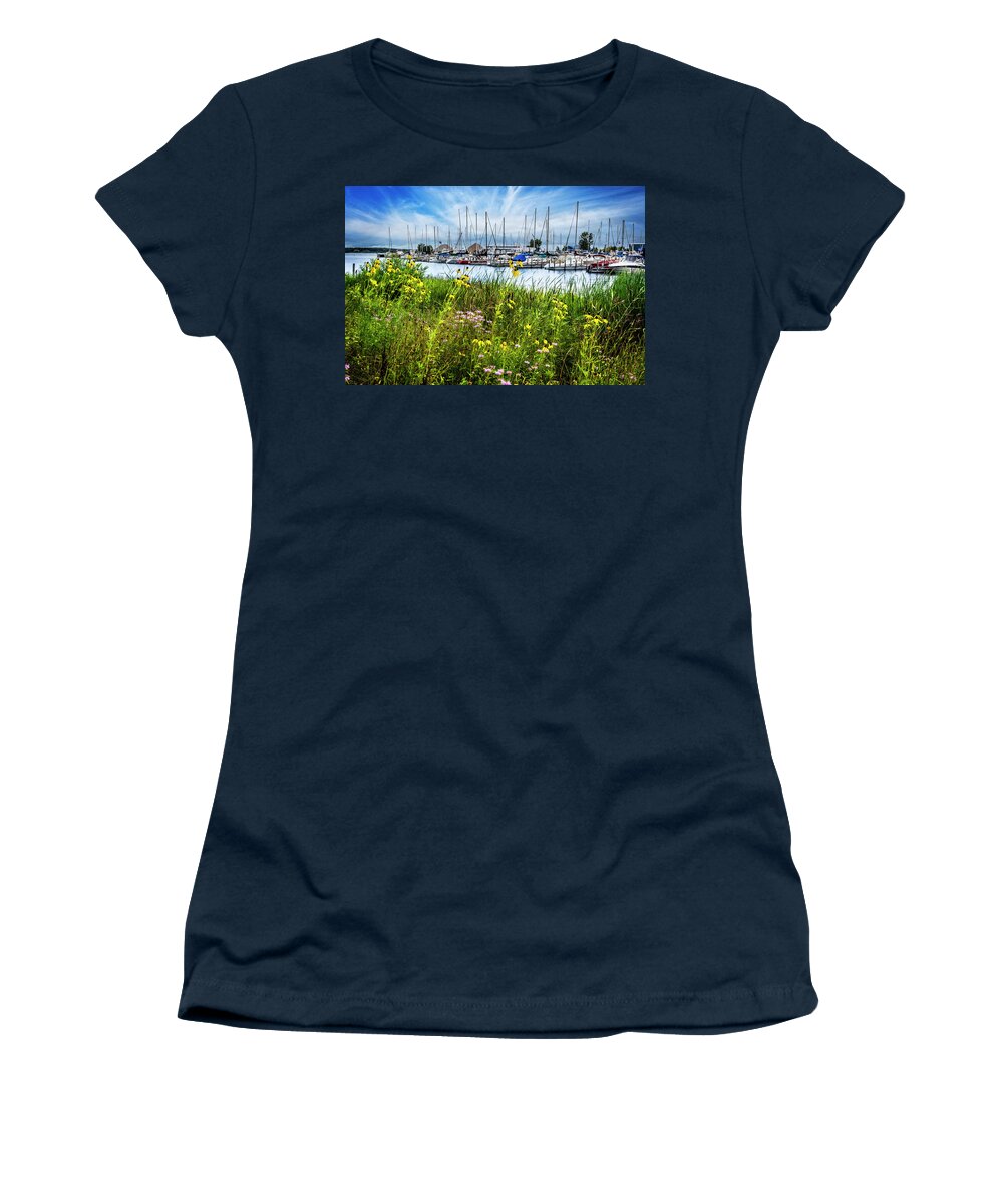 Boats Women's T-Shirt featuring the photograph Wildflowers at the Harbor by Debra and Dave Vanderlaan