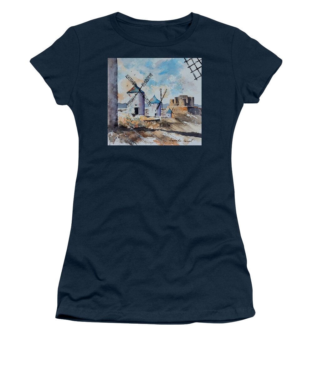 Molinos Women's T-Shirt featuring the painting Windmills of Consuegra by Amanda Amend