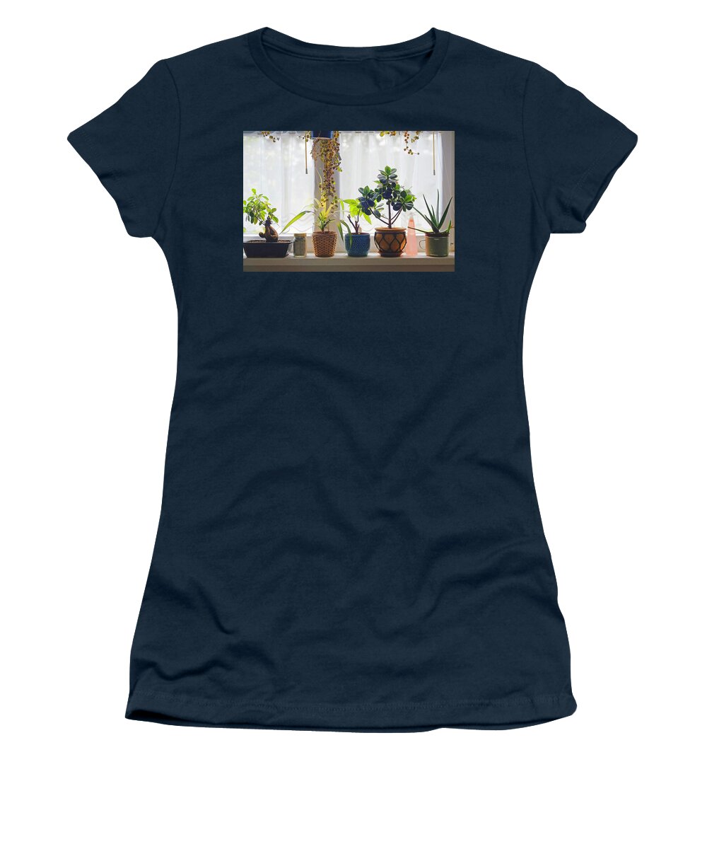 Windows Women's T-Shirt featuring the mixed media Windows With Curtains And Plants by Sandi OReilly