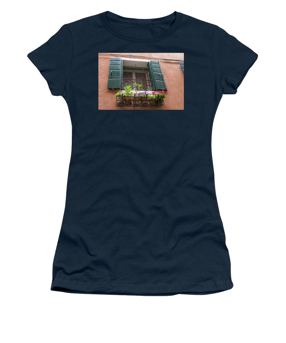 Window Women's T-Shirt featuring the photograph Window and flowers - Venice by Yvonne M Smith