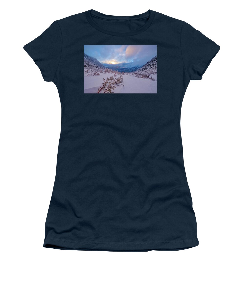 Tuckerman Ravine Women's T-Shirt featuring the photograph Windswept, Spring Sunrise In Tuckerman Ravine by Jeff Sinon