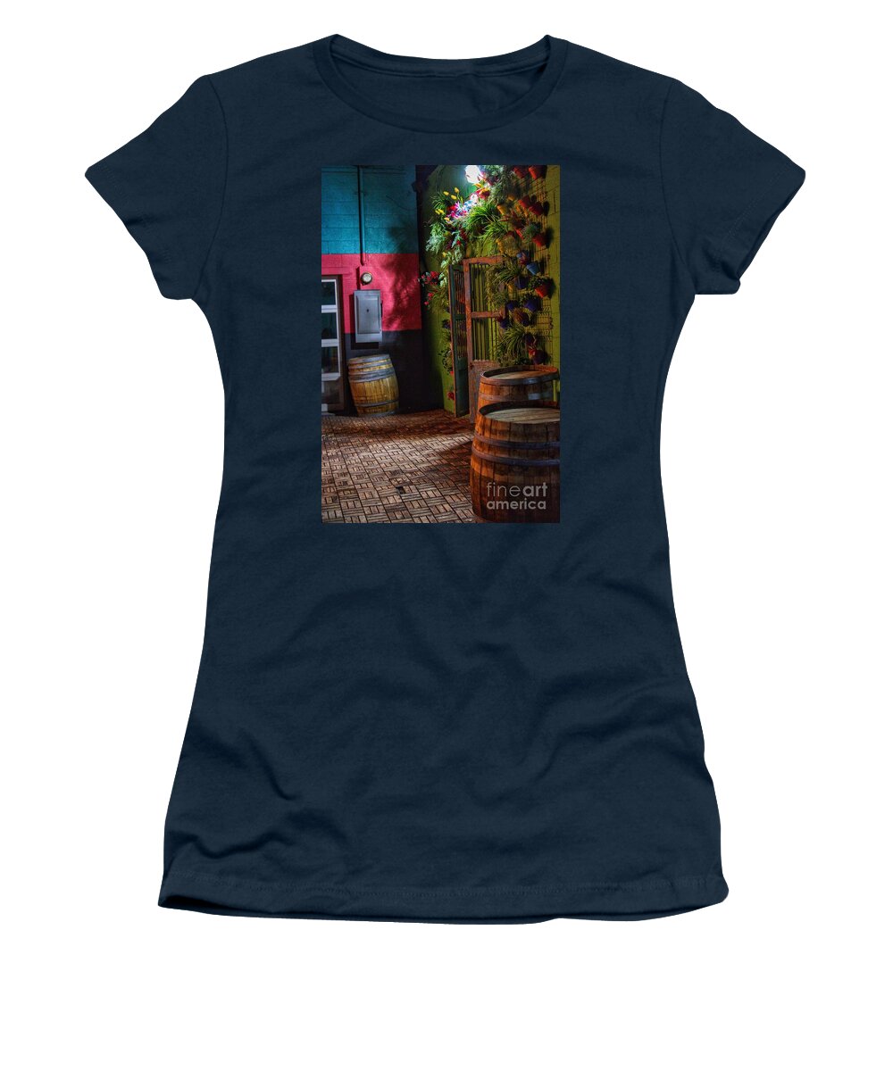  Women's T-Shirt featuring the photograph Wine Barrels in the Night by Rodney Lee Williams